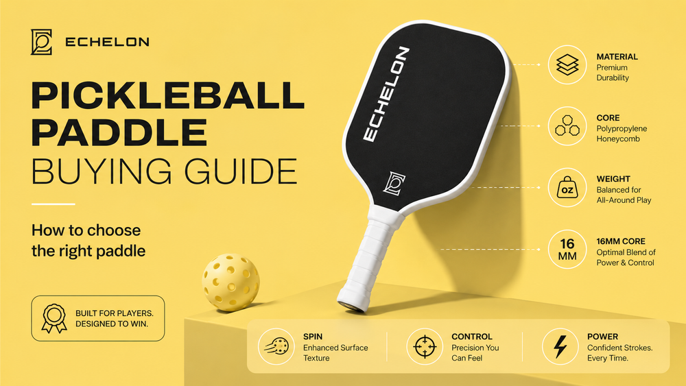ECHELON APEX pickleball paddle buying guide showing premium paddle features for spin control and power